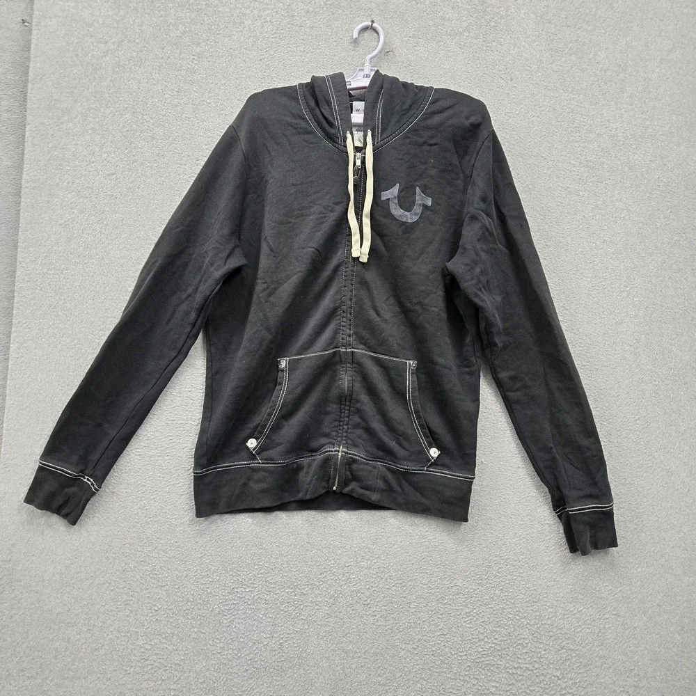 True Religion Men Hoodie L/G Black Embroidered Graphic Fleece Buddha Guitar